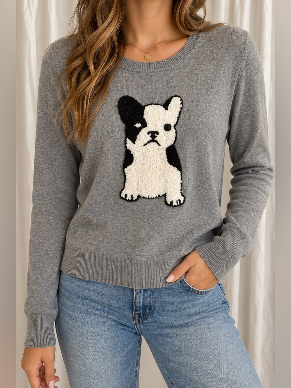 French Connection Grey Knit Sweater with Black & White Dog Size Small